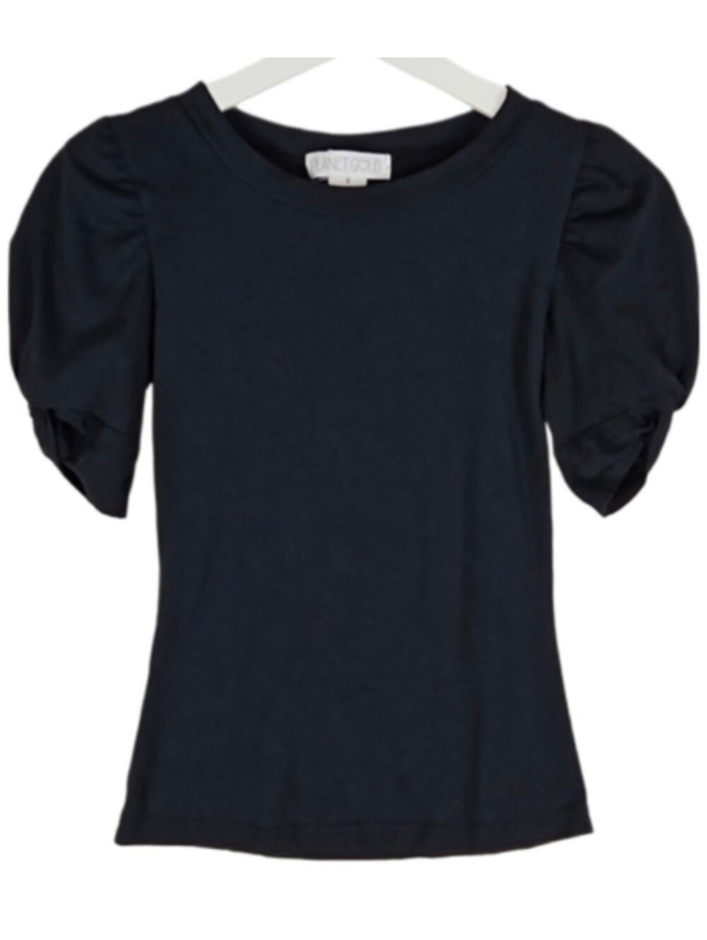 Black Puff Short Sleeve Ruched Tshirt Tee Top, Black, Size S